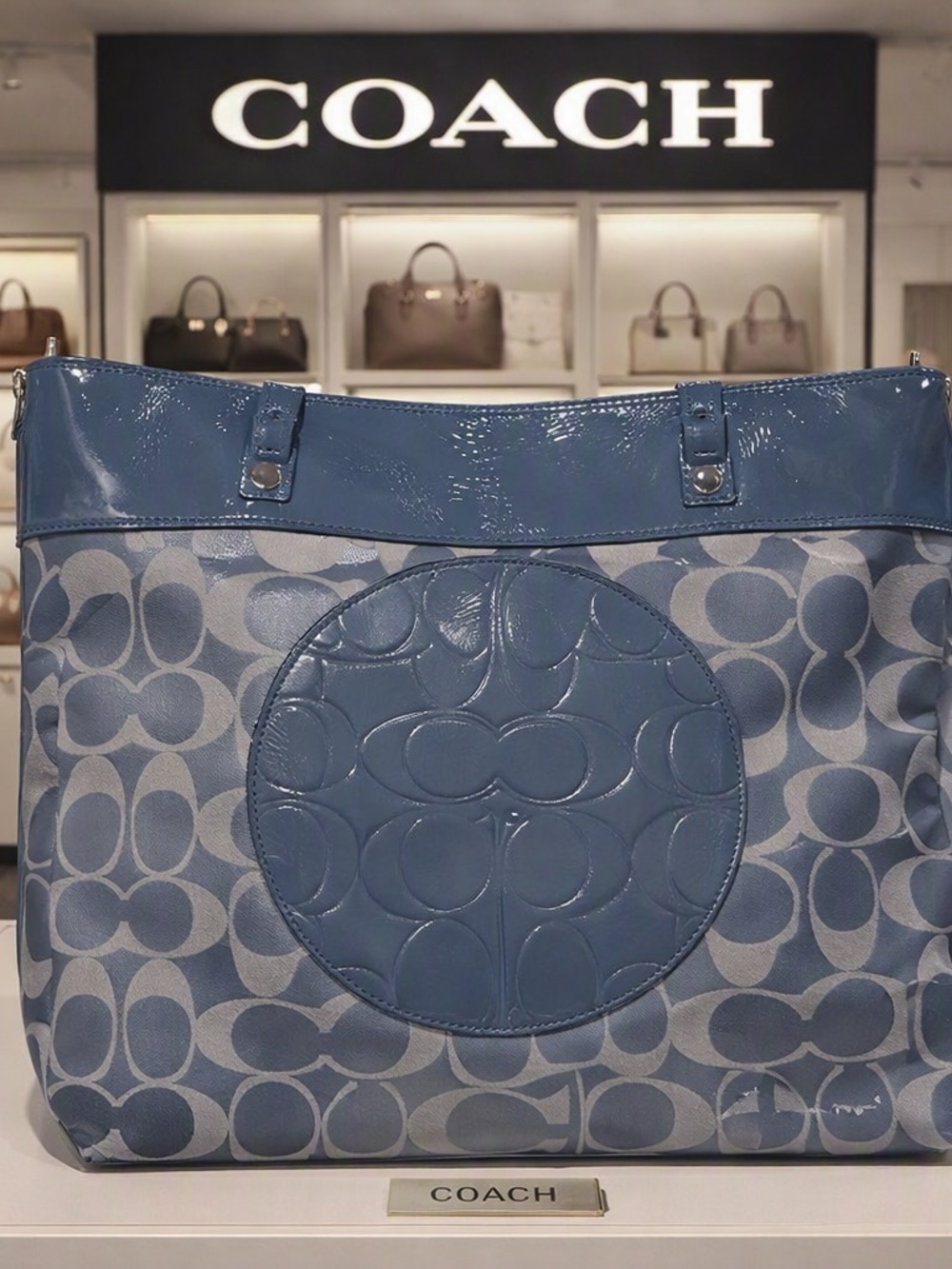 Coach Blue Signature Jacquard Tote with Patent Trim NWOT “